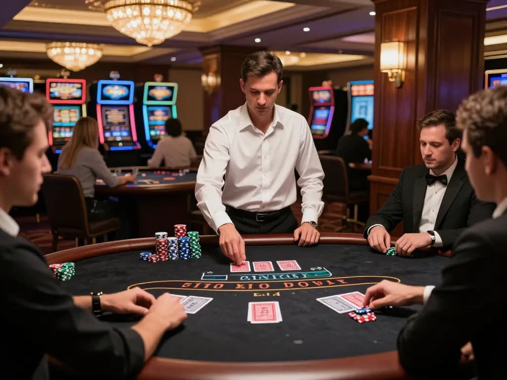 Experience the thrill of dn88 blackjack with players engaged in strategic gameplay at a luxurious casino table.