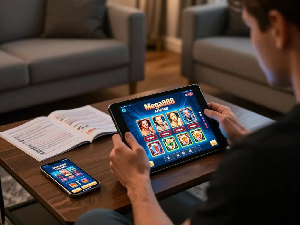 Engaging in mobile casino gameplay using mega888 apk in a cozy living room setting