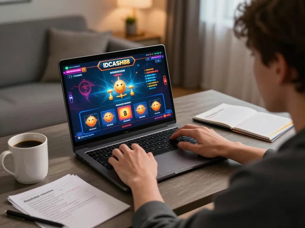 IDCASH88 online gameplay on laptop, featuring vibrant game interface and strategic notes.