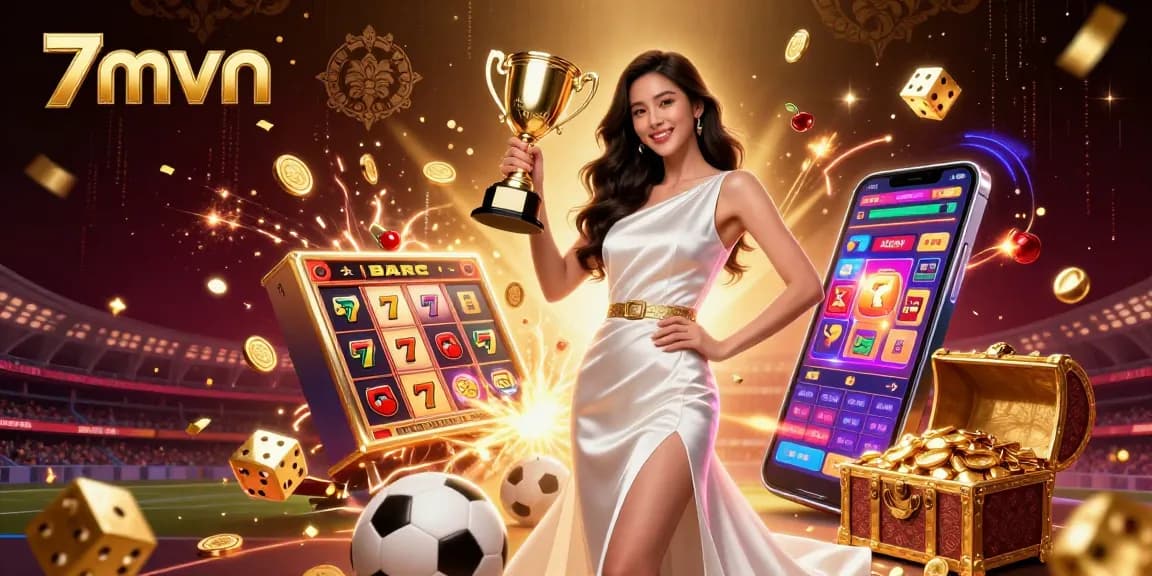 Experience thrilling sports betting action with 7mvn, featuring a victorious woman holding a trophy in a vibrant casino atmosphere.