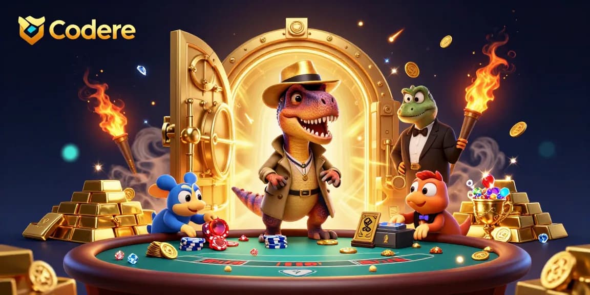 Codere captures the excitement of gambling with animated characters around a blackjack table in an extravagant casino.