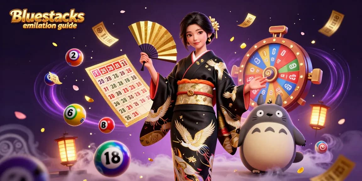 Engage with the Bluestacks emulation guide featuring Asian characters in a vibrant casino-themed 3D scene.