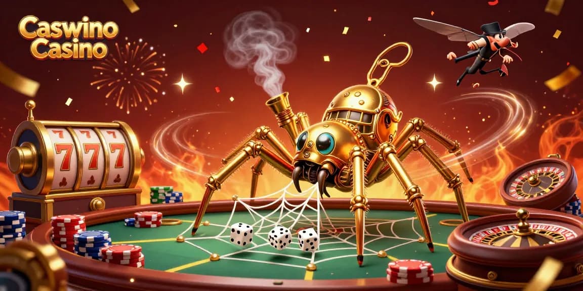 Experience excitement at Caswino Casino with a bustling scene of a steampunk spider web and spinning roulette wheels.