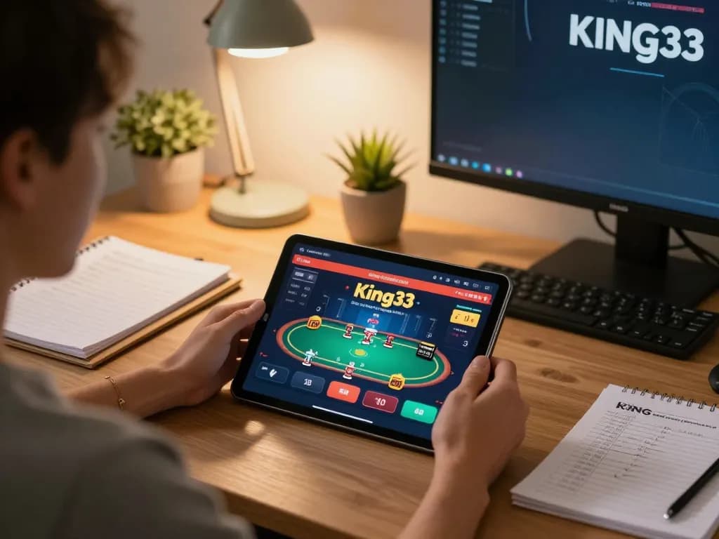 king33 player engaging in poker on tablet with strategy notes visible in cozy home setting