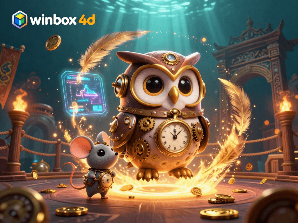 Experience winbox 4d with a dynamic steampunk owl and mouse in a vibrant casino scene filled with glittering coins and betting tokens.