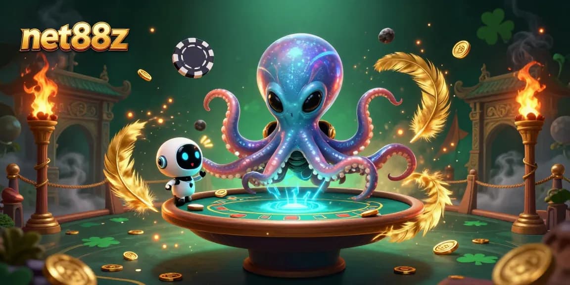 Engage in thrilling poker action with net88z's alien octopus at a holographic table.