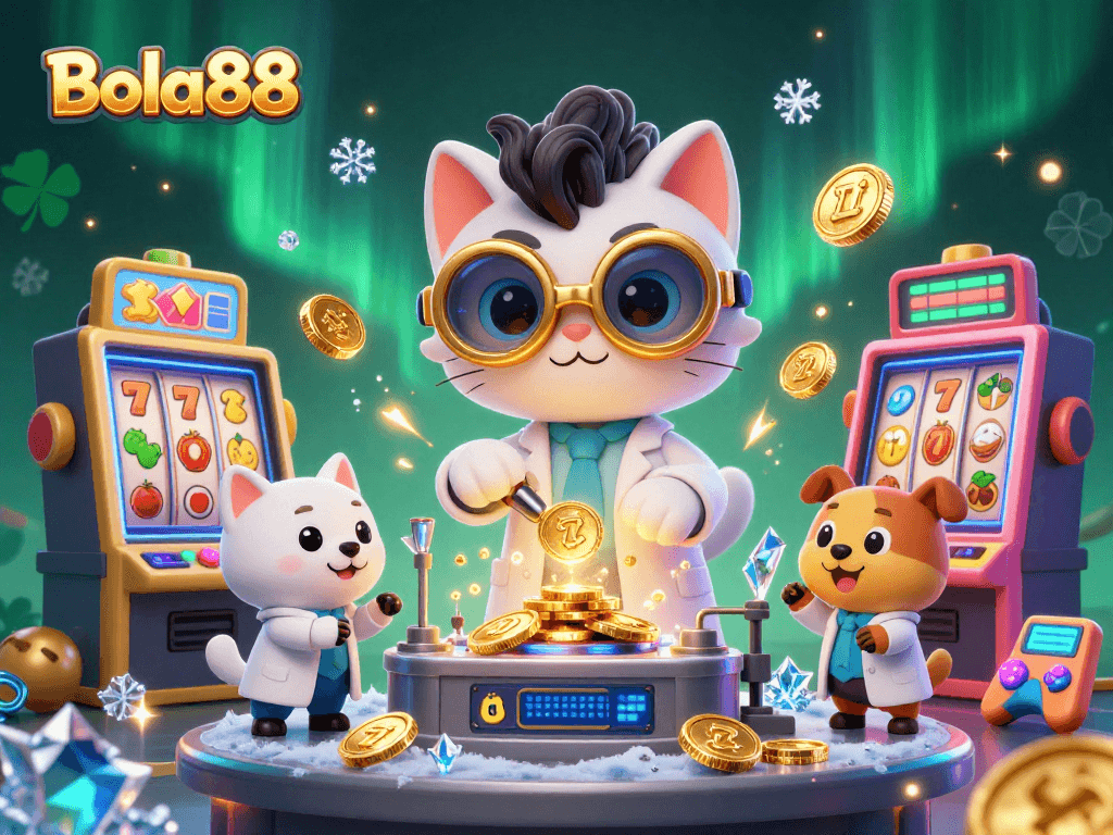 Bola88 menciptakan suasana kasino dengan mesin slot, kucing ilmuwan, dan anjing asisten dalam ilustrasi 3D