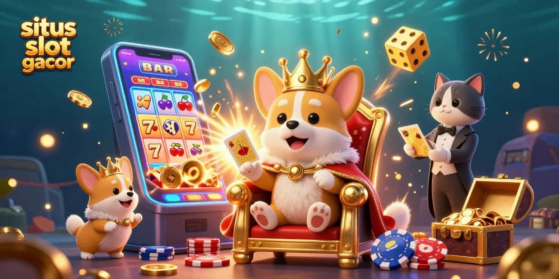 Engage in the fun of situs slot gacor with a 3D illustration of royal corgi on poker chip throne surrounded by jackpot elements.