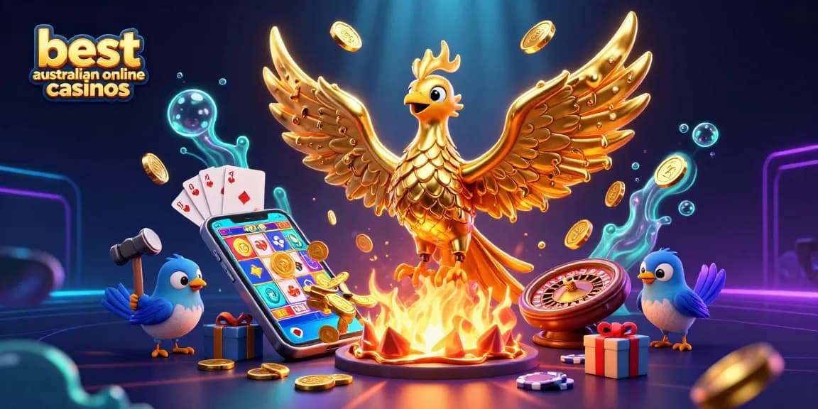 Experience the thrill of the best australian online casinos with a golden phoenix soaring amidst vibrant game elements.