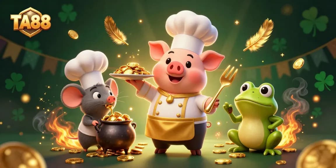 Experience the thrill of TA88 with a whimsical casino scene featuring a chef pig, mouse, and frog