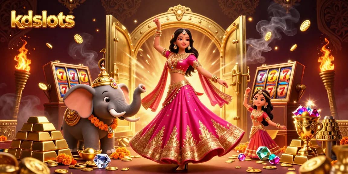 Kdslots showcase vibrant Asian woman dancing with a bejeweled elephant in a rich casino scene filled with gold and slot elements.