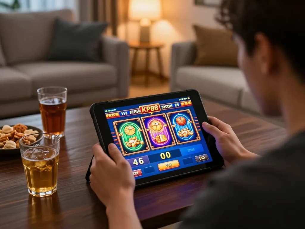 Player engaging with kp88 online casino on tablet, showcasing vibrant gaming screen and cozy home setup