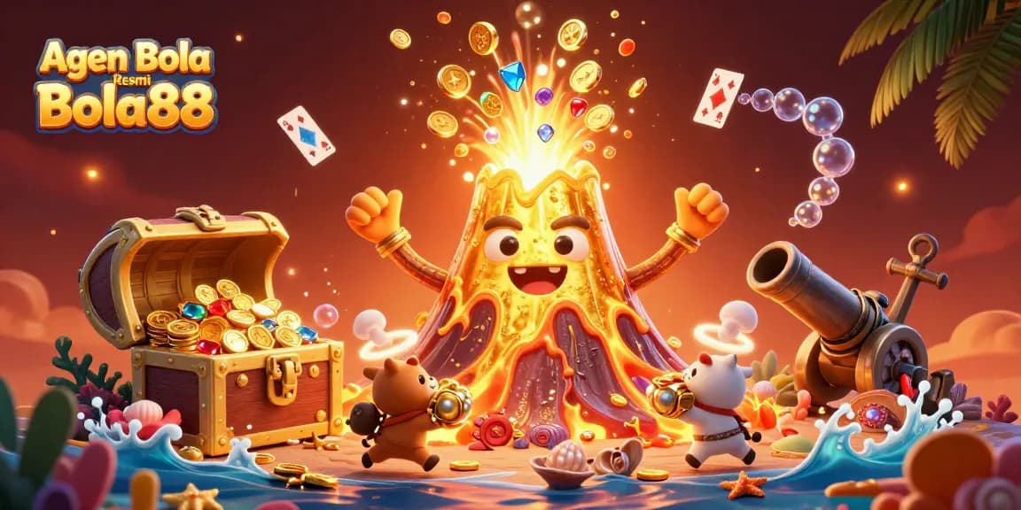 Agen Bola Resmi Bola88 showcases a thrilling casino scene with colorful treasures and energetic characters.