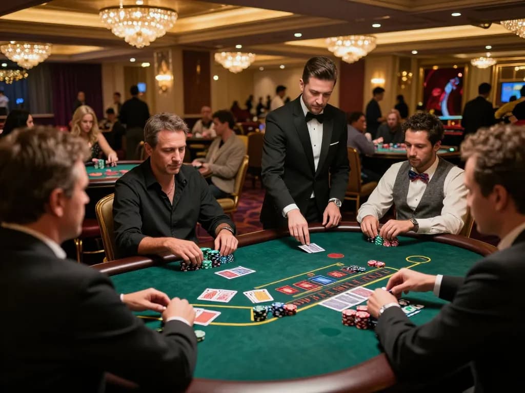 Players strategically engaging in a high-stakes blackjack game at Juraganbet88's luxurious casino.