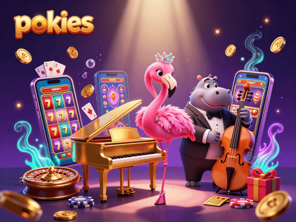 Enjoy exciting pokies experiences with our vibrant casino-themed illustration featuring colorful slot games.