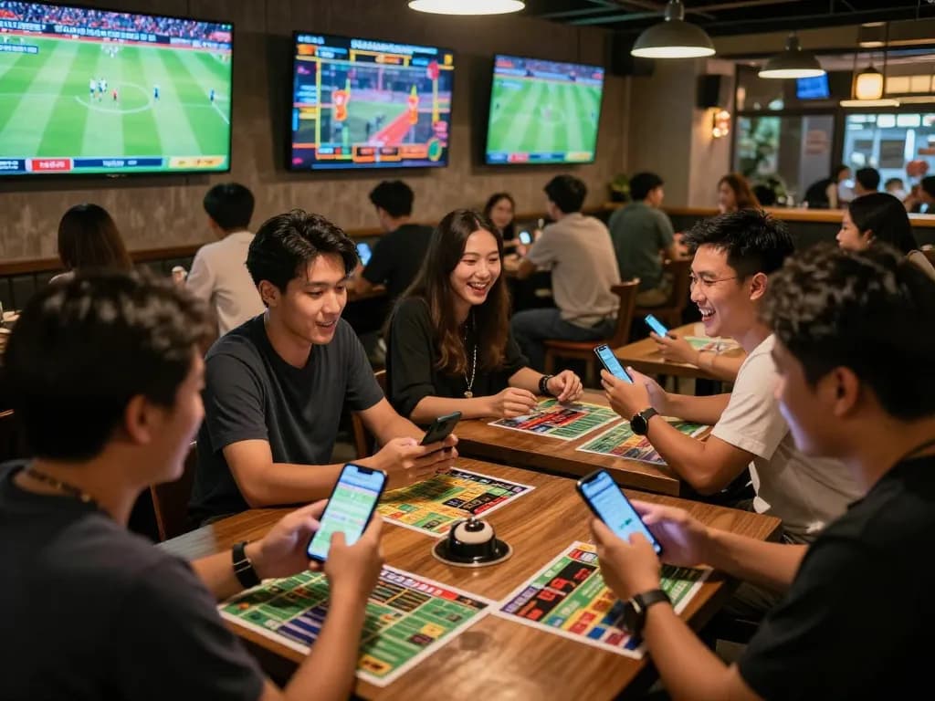 Soi kèo bóng đá in an energetic sports bar as patrons cheer and bet on live matches