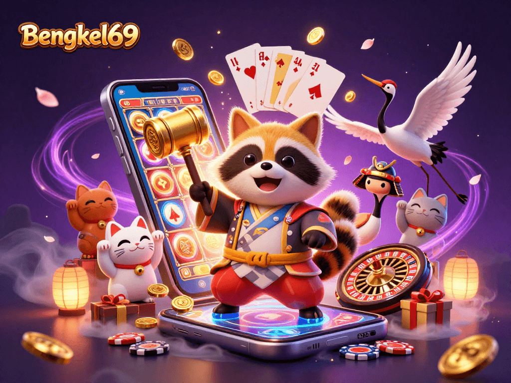 Bengkel69 showcases a vibrant casino scene with a joyful tanuki, samurai crane, and waving maneki-neko.