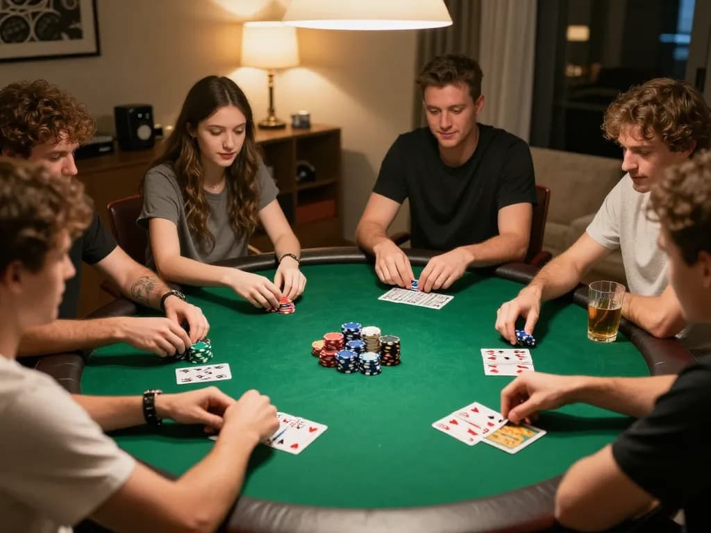 Friends enjoying poker night at home on sc88e platform with strategic gameplay and snacks.