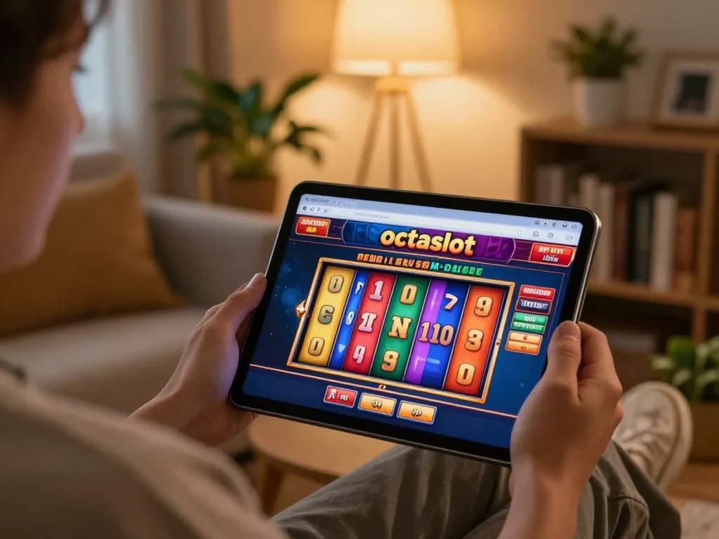 Player enjoying a spinning octaslot game on tablet in a cozy living room setting, showcasing online gambling.