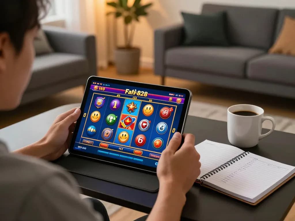 Engaged player enjoying Fafa 828 online casino games on tablet in cozy setting.