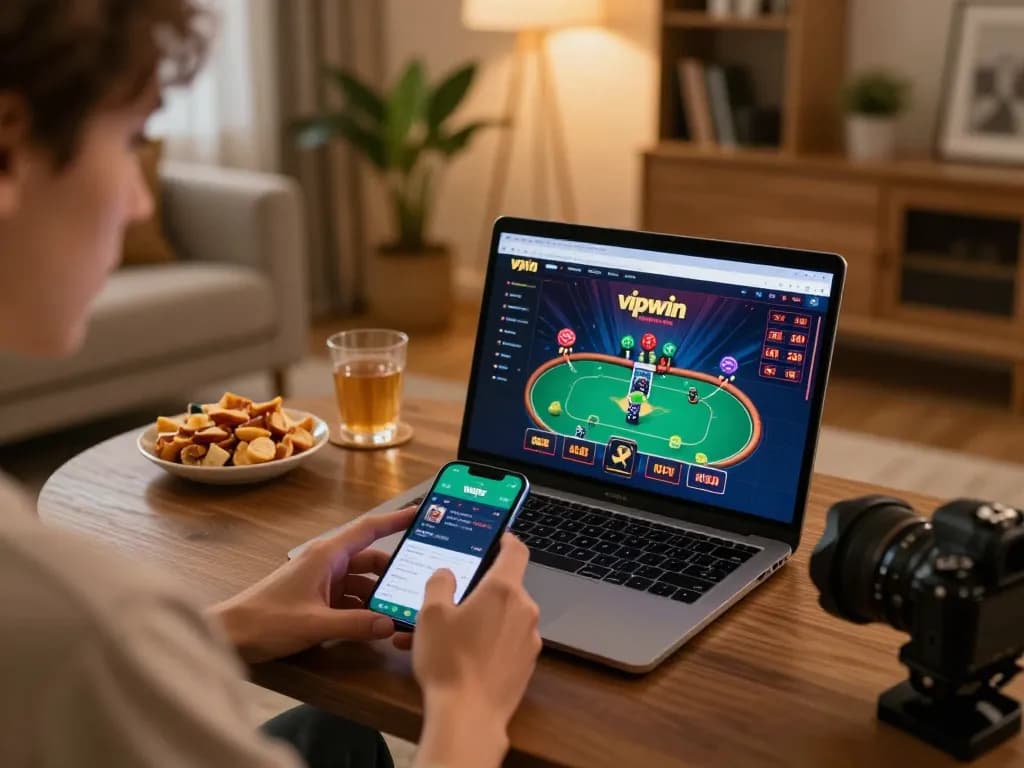 Engaging in vipwin online poker from a cozy gaming setup, showcasing dynamic gameplay and personal strategy