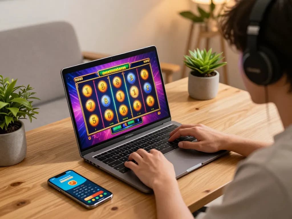 A vibrant online gaming setup showcasing a player enjoying kdslot on a laptop and smartphone, capturing excitement and strategic gameplay.