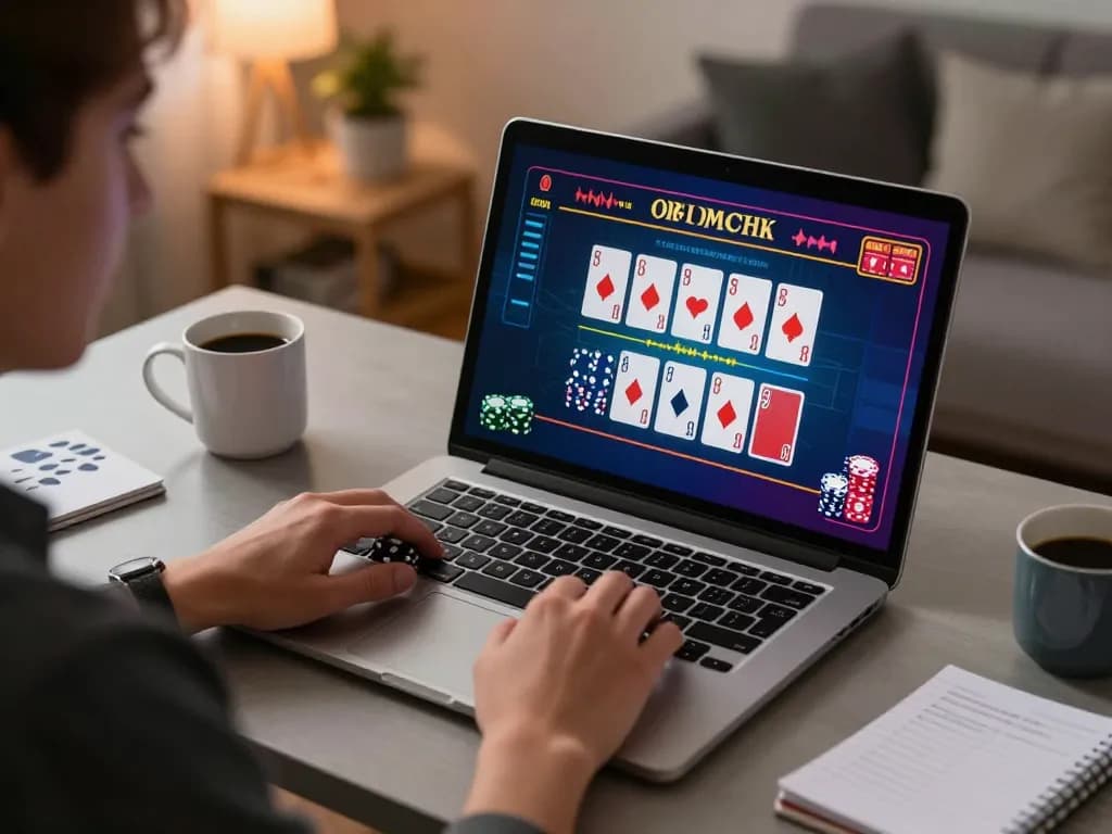 Engaging online gaming scene of 33win user enjoying live dealer blackjack in a cozy home office environment