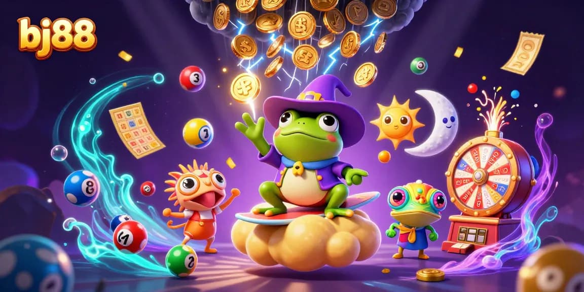 Experience the excitement of bj88's golden casino games with vibrant elements and characters in action.