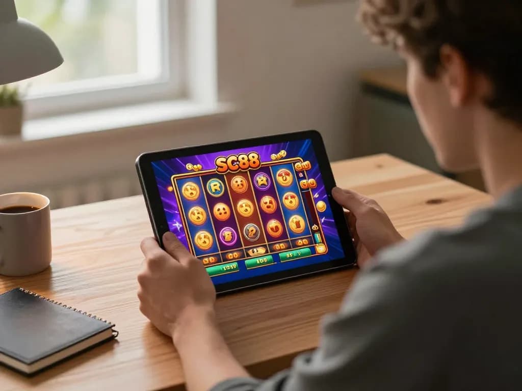 Player focused on SC88 slot game interface while enjoying a gaming session at home.