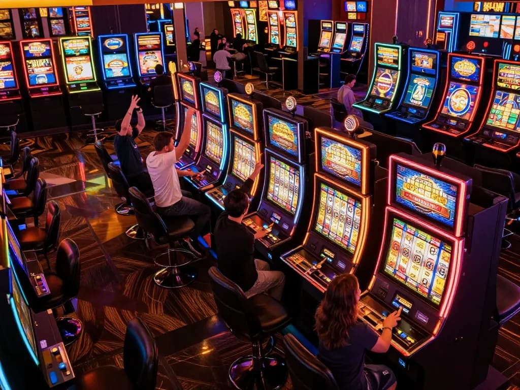 Pemain terlibat dengan mesin slot yang berwarna-warni di tokyo88, merayakan kemenangan dan menikmati permainan yang mendebarkan dalam suasana kasino yang menarik.