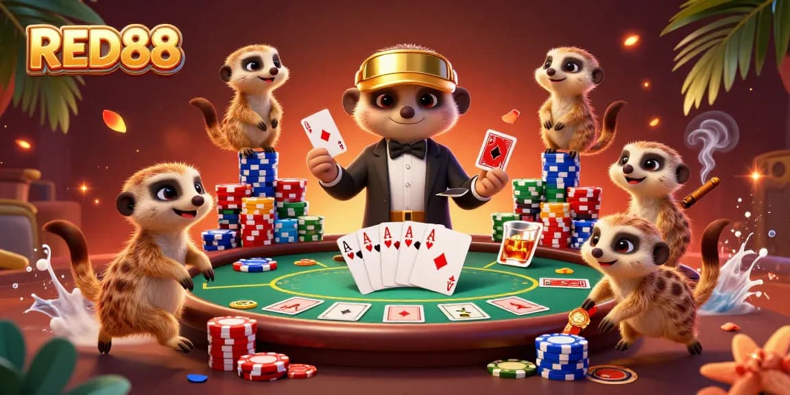 Engage in thrilling poker action at RED88 with lively meerkats managing a bustling casino.