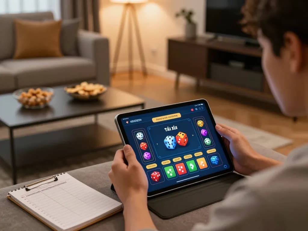 Playing the app tài xỉu online on a tablet in a cozy home setting while seated comfortably with strategic notes nearby.
