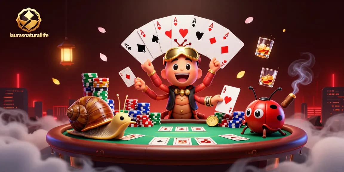 Melihat laurasnaturallife beraksi di meja poker dengan dealer kartun dan chips besar.