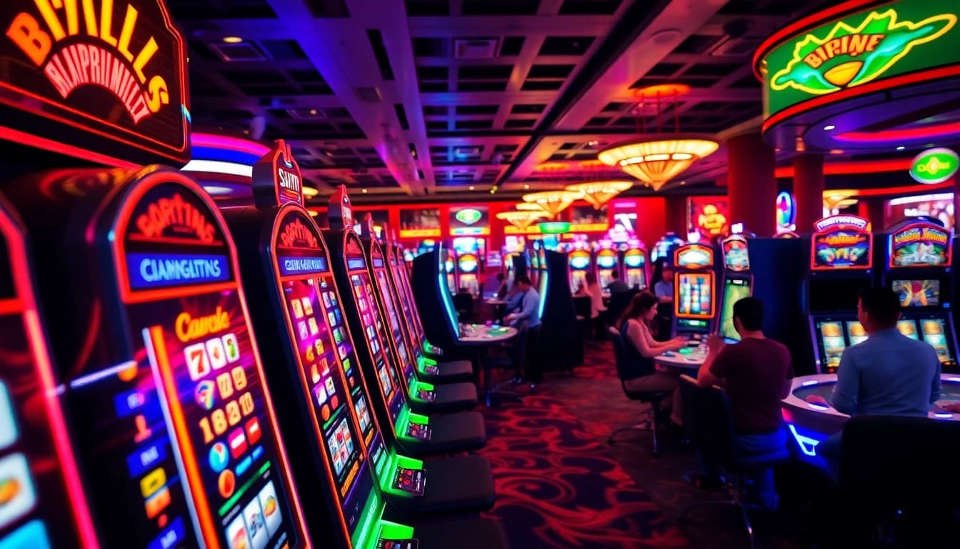 Permainan slot yang menampilkan landaktoto dengan lampu warna-warni di kasino.