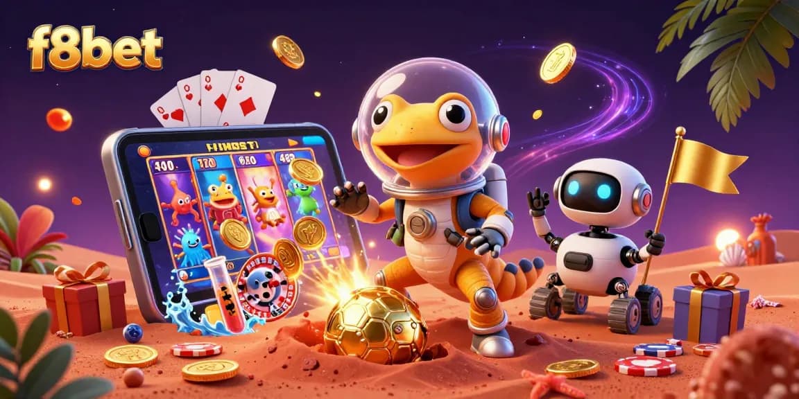 Experience the excitement of f8bet with vibrant casino elements and animated characters in a unique Martian setting.
