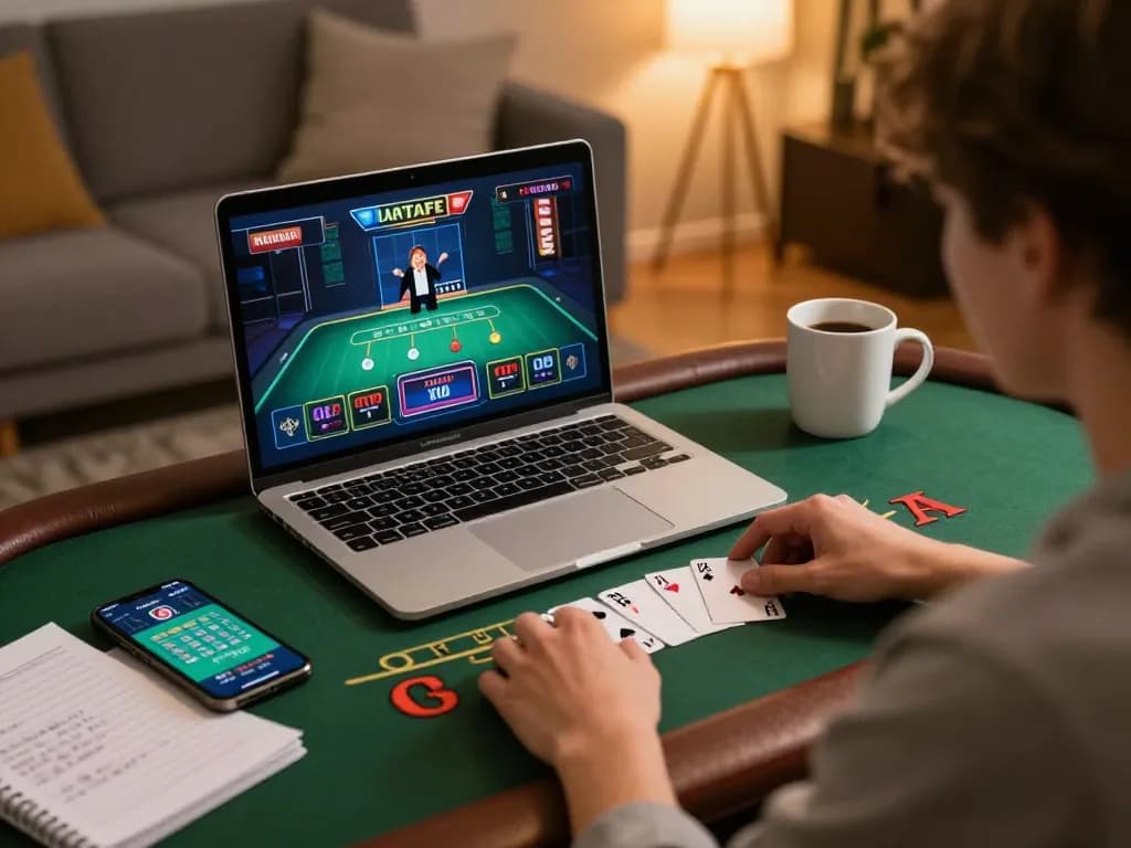 Player enjoying live dealer blackjack on LV88 at home, showcasing strategic notes and a smartphone.