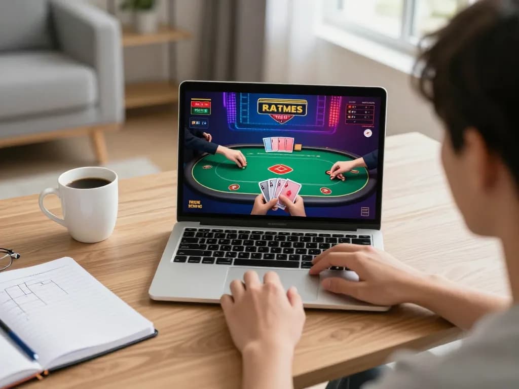 Engaging gaming scene at the best online casino Malaysia, showcasing a player immersed in poker action on a laptop.