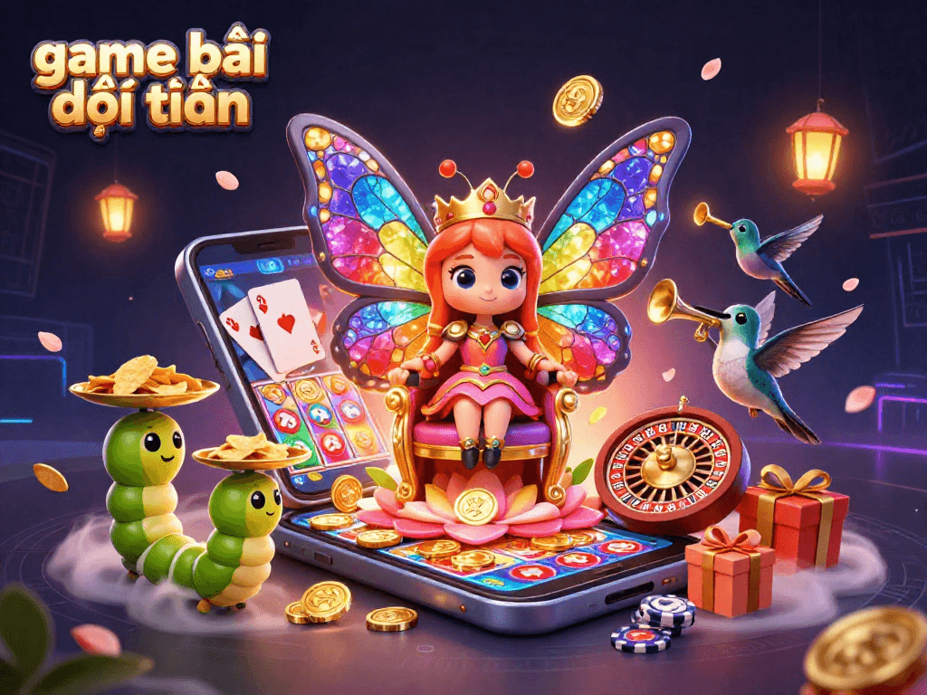 Engage in game bài đổi thưởng with vibrant 3D visuals showcasing a butterfly queen and slot elements.