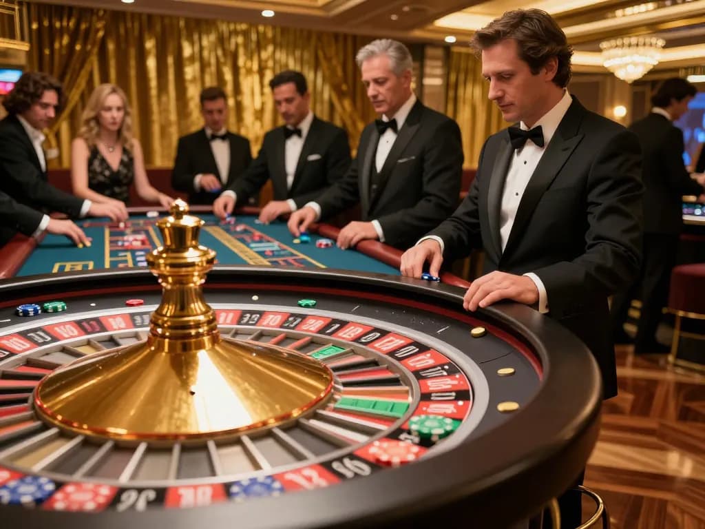 KADAL778 roulette table scene with players engaged and vibrant chips strategically placed, reflecting high-stakes gaming excitement.