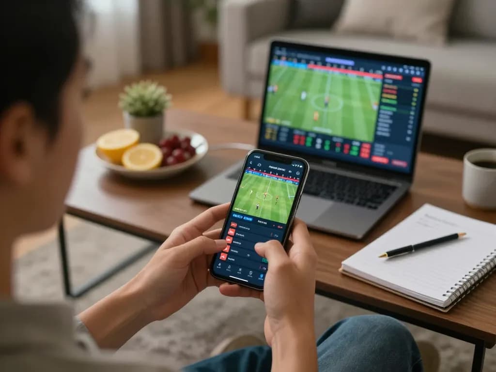 Person engaging in live sports betting on KO66 app with strategic notes laid out.