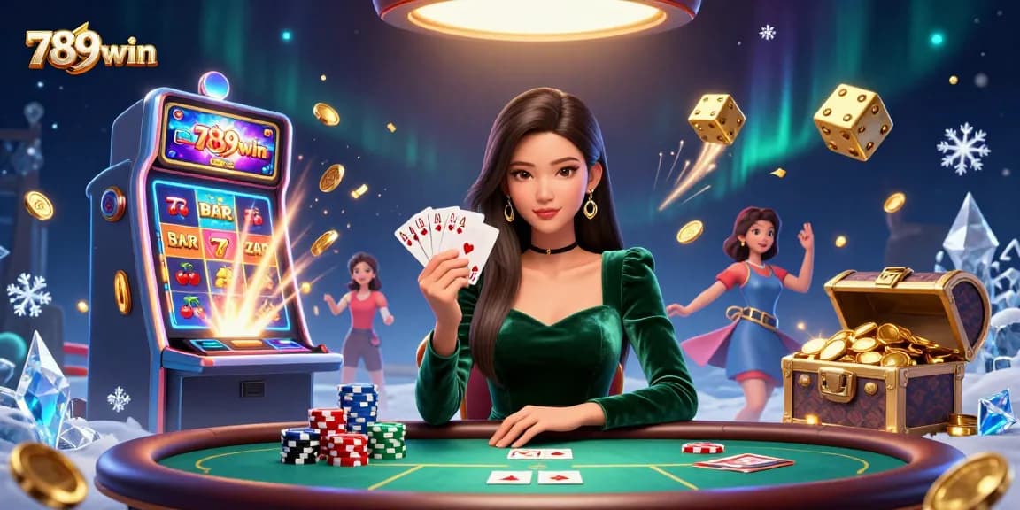 Engaging scene of 789win showcasing a skilled Asian woman at a poker table, surrounded by jackpot elements.
