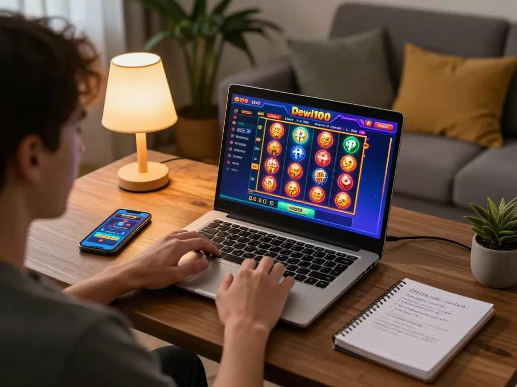 Pemain Dewi100 terlibat dengan slot online di laptop dalam pengaturan rumah yang nyaman.