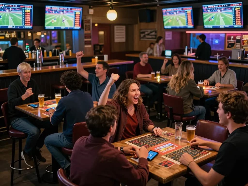 MPOID in an engaging sports betting environment with patrons celebrating wins at a lively sports bar.