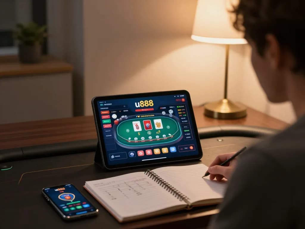 Player exploring u888 online casino interface on tablet, showcasing strategic gameplay in a cozy home setting