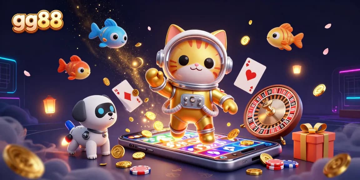 Engage with gg88's vibrant casino experience through a dynamic 3D scene featuring astronauts, robots, and immersive gambling elements.