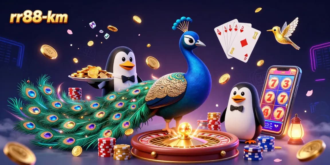Experience the excitement at rr88-km with a vibrant casino scene featuring animated characters and dynamic gaming elements.
