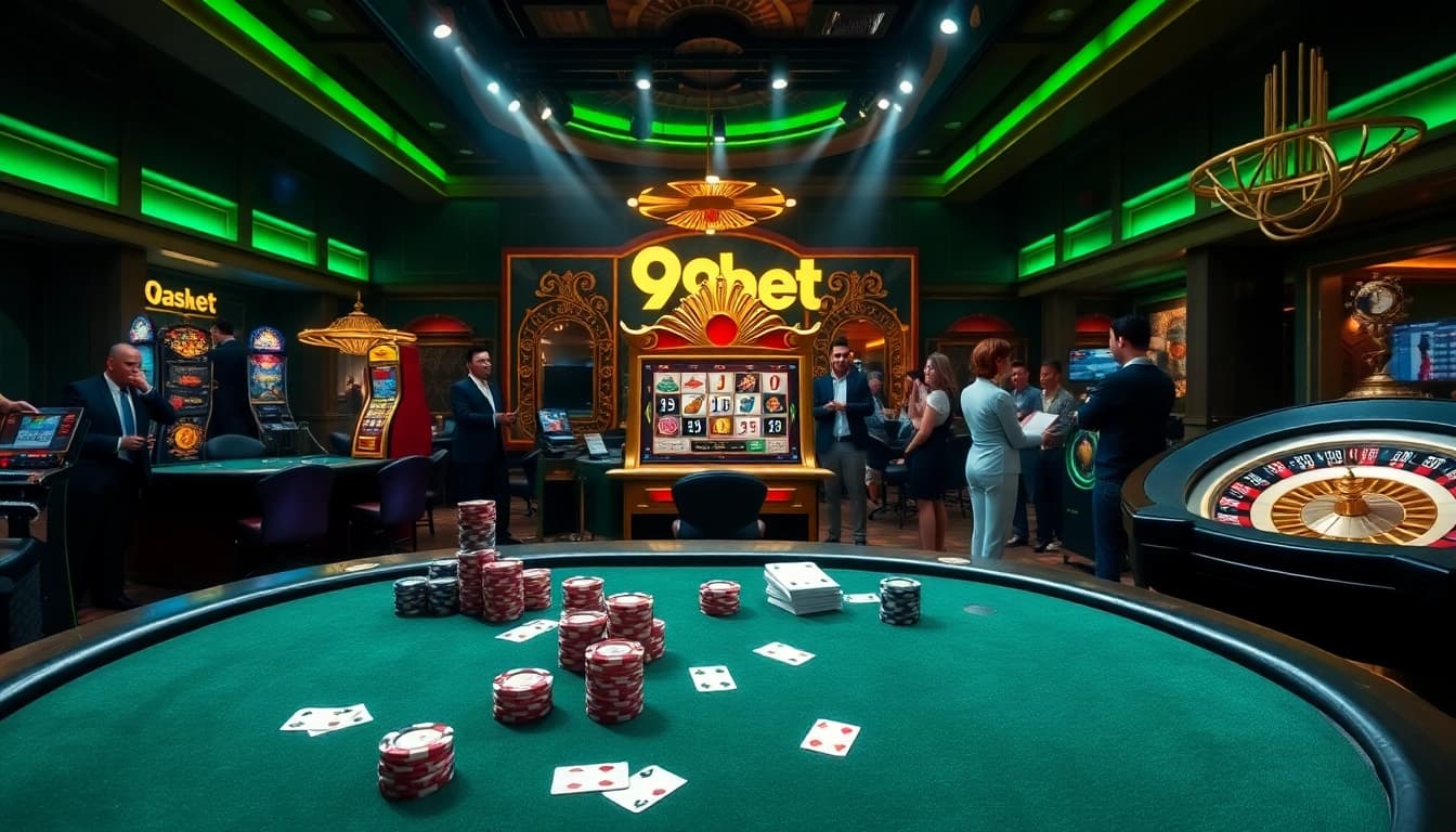 Gambling excitement at i9bet with vibrant poker table, slot machines, and roulette wheel.