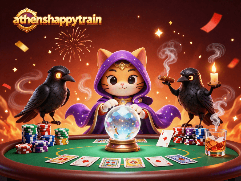 Experience the thrill of the athenshappytrain with a vibrant poker scene featuring mystical characters.