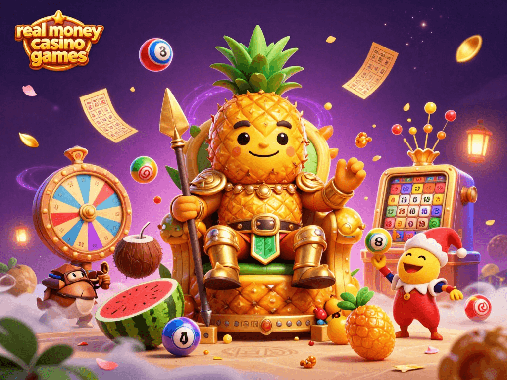 Experience the thrill of real money casino games with festive characters in a dazzling 3D illustration.