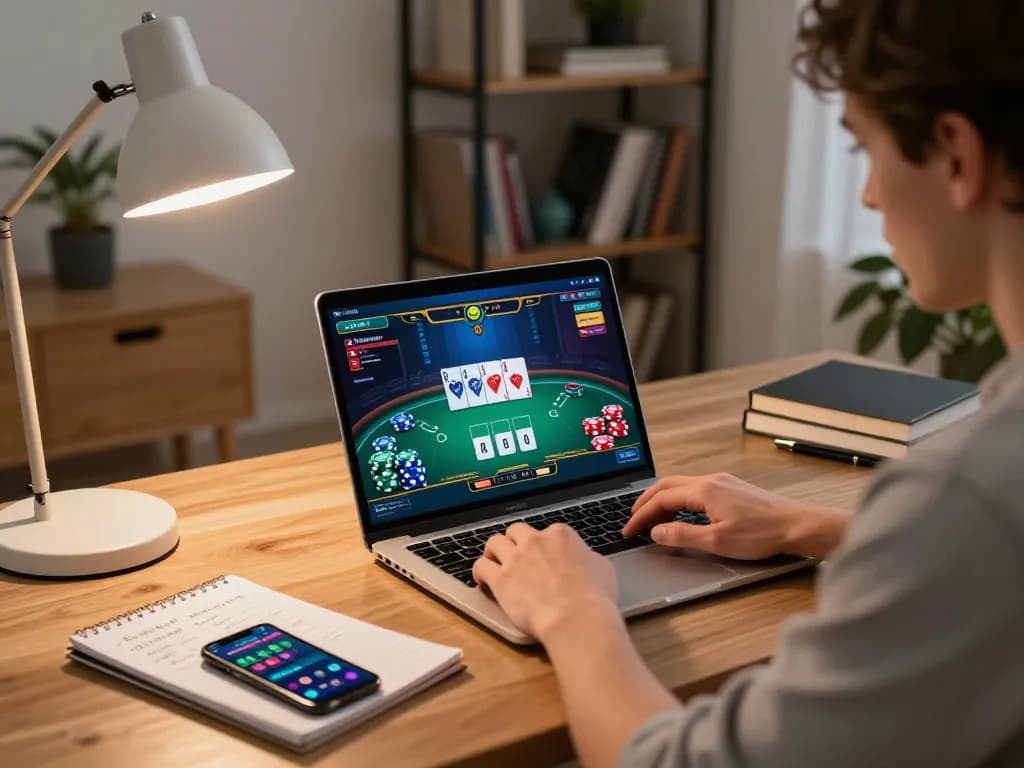 Orang yang menggunakan situs resmi untuk permainan poker online di laptop di rumah